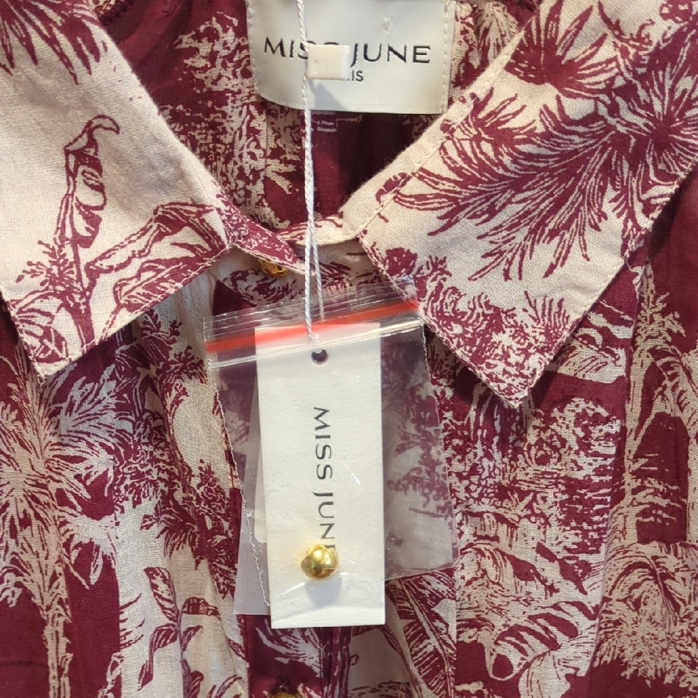 Miss June Cotton Boho Paris Toile Ruffle Sleeve Mini Dress Burgundy Red Boho NWT - Picture 3 of 12